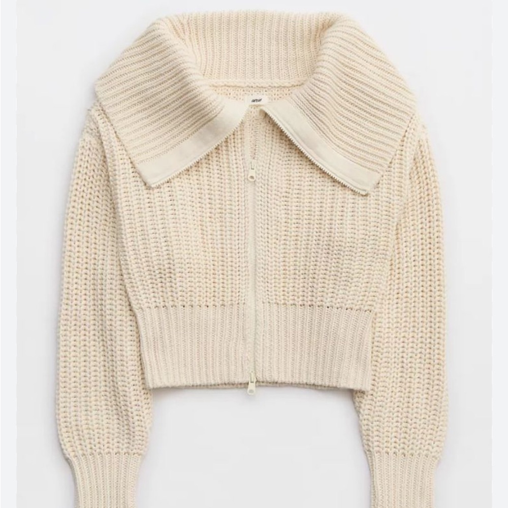 aerie cream knit double zip cardigan